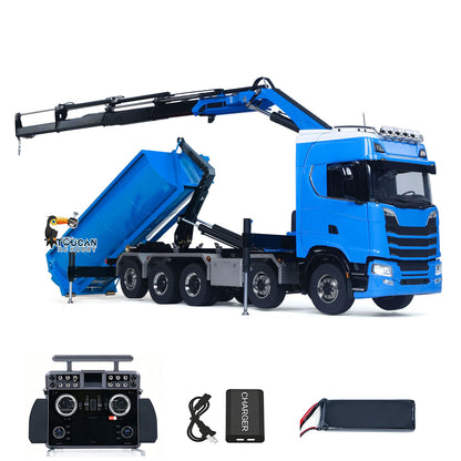 TOUCAN RC HOBBY LXY 770S 1/14 Metal Roll On Off RC Dumper Truck with Crane RTR 10*10 Hydraulic Tipper Vehicle U Shaped Bucket 9CH Valve 3 Speed Gearbox Light Sound Rear Axle Lifting&Steering for RC Construction Model Collectors