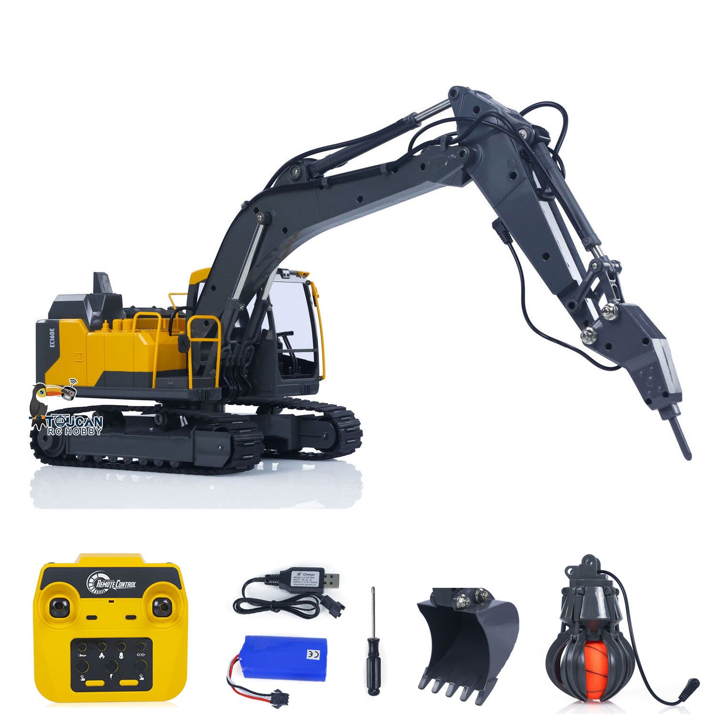 In Stock 1/16 DoubleE E598 003 Electric Lifting RC Excavator Metal 2Arms Remote Control Digger VO Hammer Bucket Claw 360?? Rotating