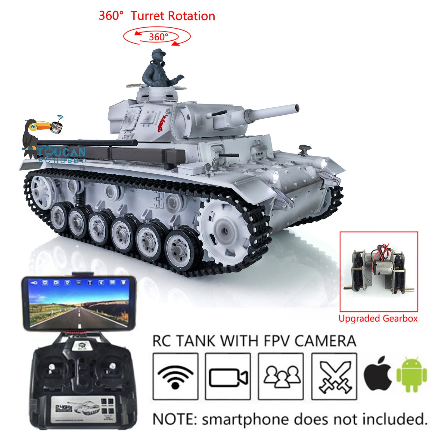 2.4G Henglong 1/16 7.0 Panzer III H RC FPV Tank 3849 360 Degrees Turret Steel Gearbox Radio Controller Idle Smoking Generator Infrared Combating Transmitter&Receiver