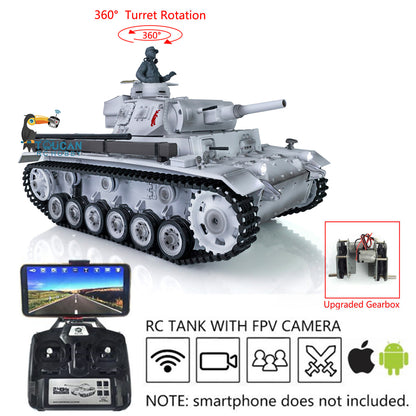 2.4G Henglong 1/16 7.0 Panzer III H RC FPV Tank 3849 360 Degrees Turret Steel Gearbox Radio Controller Idle Smoking Generator Infrared Combating Transmitter&Receiver