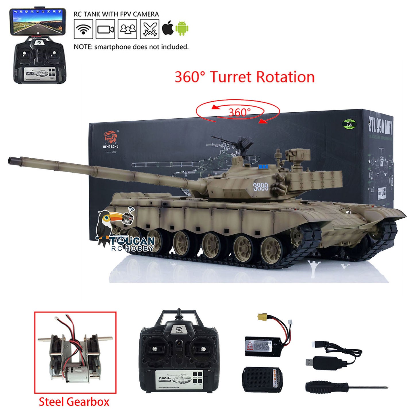 Henglong 1/16 FPV 7.0 Chinese 99A RC Tank 3899A 360 Turret Steel Gearbox Radio Controlled Military Vehicle Hobby Model DIY Toy Car