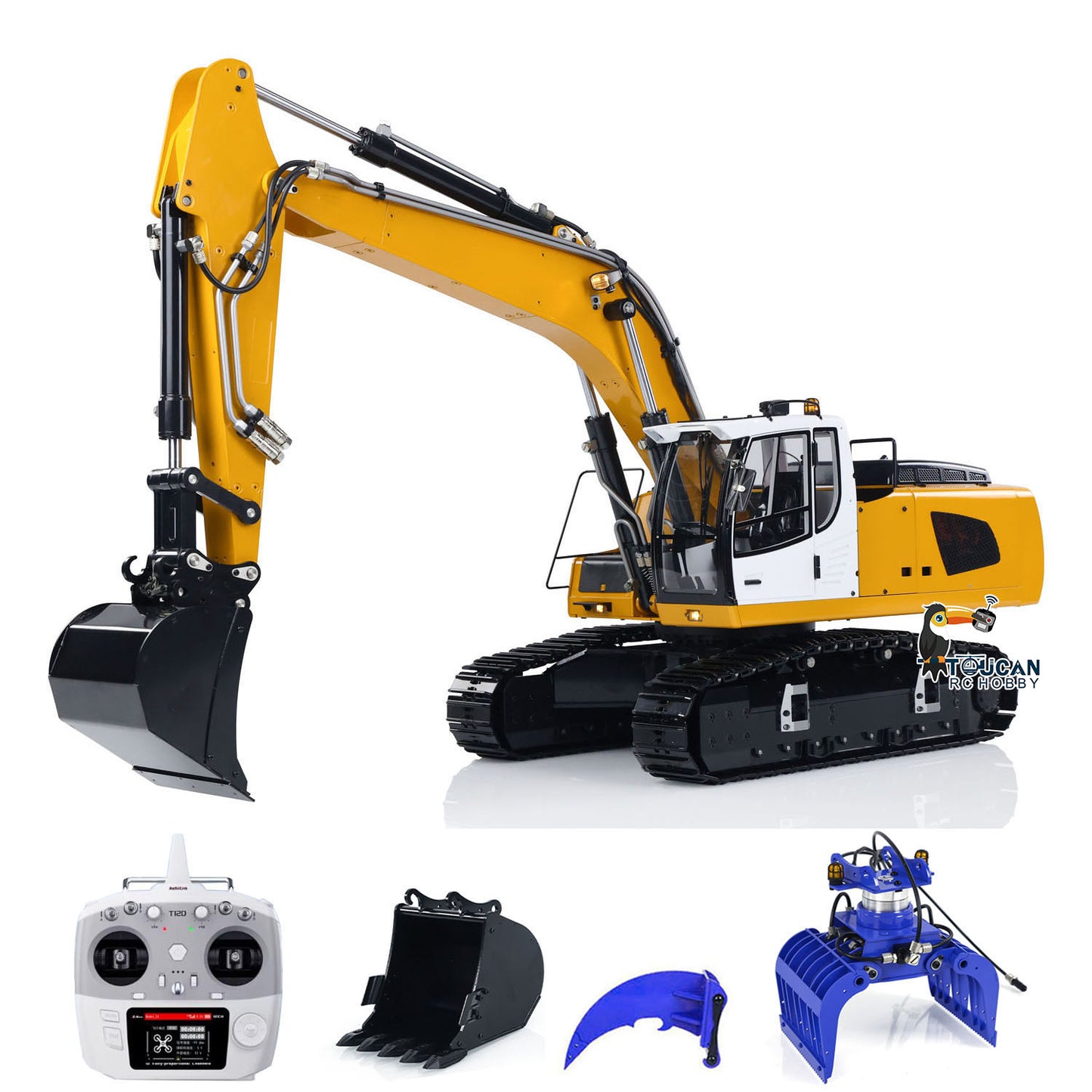 Remote Controlled Excavator 1/14 Scale 946 9CH Tracked Digger Two-Section Arm Metal Grab Bucket Ripper Light Motor ESC Cylinders