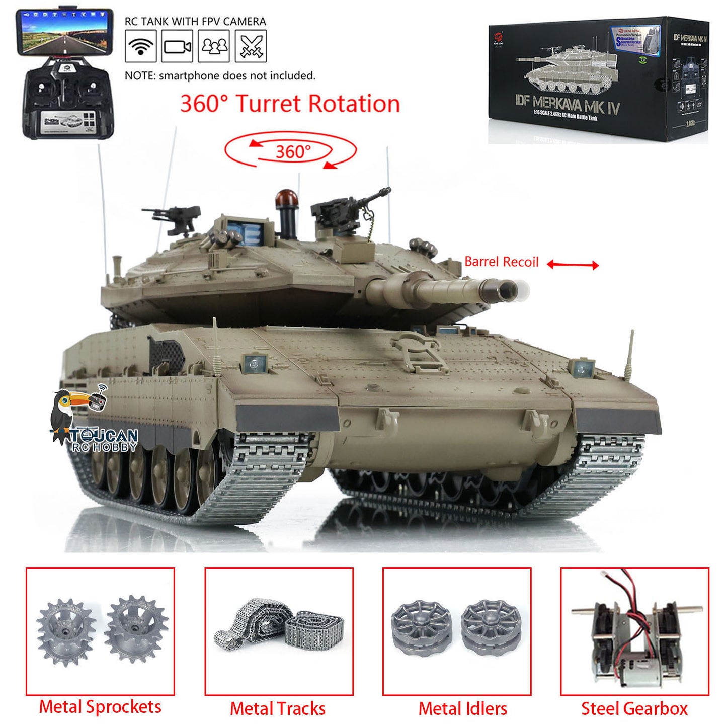 1:16 Heng Long 3958 RC Main Battle Tank IDF Merkava MK IV FPV Upgrade Edition W/ Metal Tracks 360 Rotating Barrel Recoil
