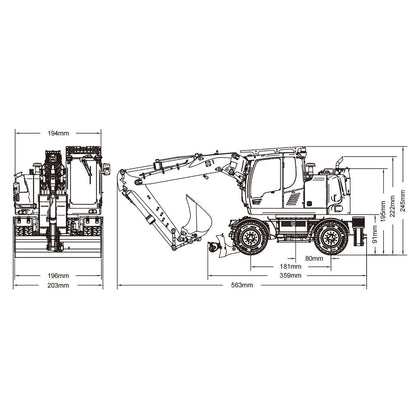 CUTModel LR914 1/14 Metal RC Hydraulic Wheel Excavator RTR 3 Arms 8-Way Valve Digger PL18EV Lite Controller Manual Quick Coupler Light & Sound System Cabin Guard Rail Tail hook for Model Collectors