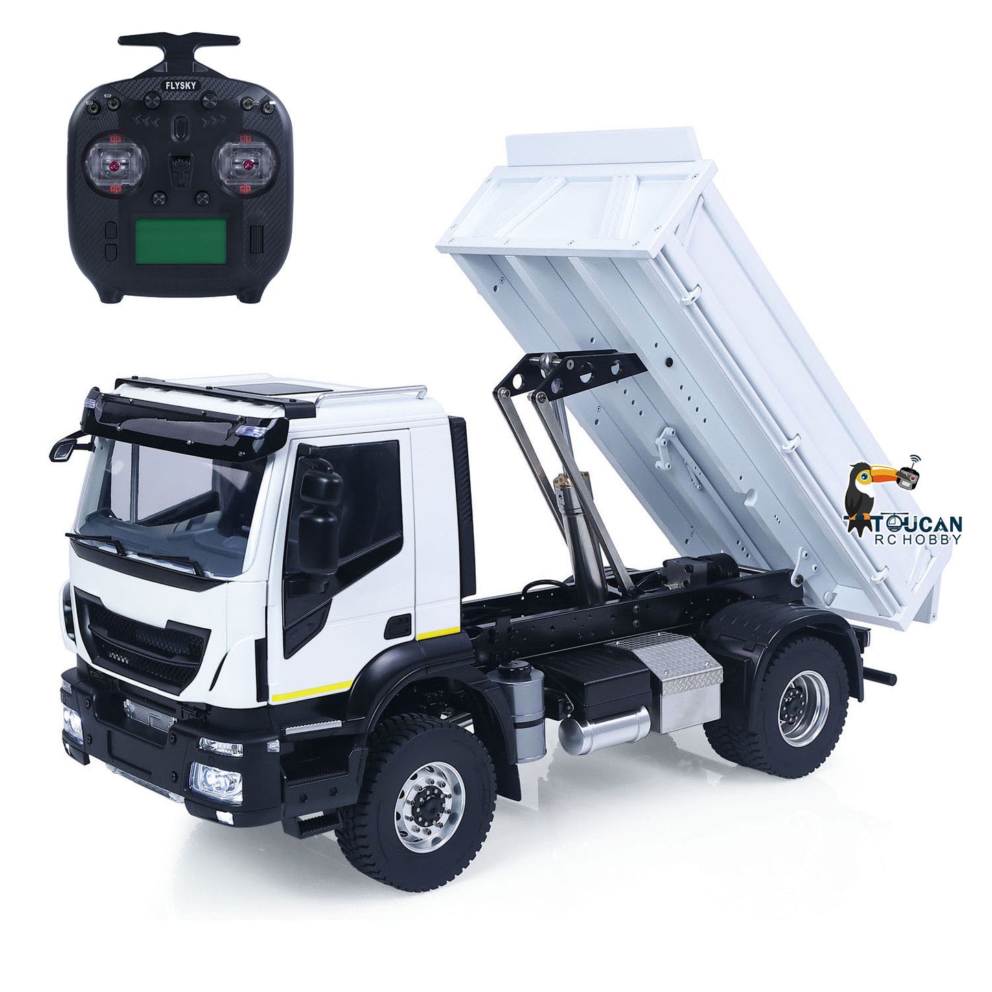 MODO 1/14 Metal 4x4 RC Hydraulic Dump Truck PNP Tipper Vehicle FlySky ST8 Controller Light Sound System Optional Spotlight Snow Blade for Construction Model Collectors