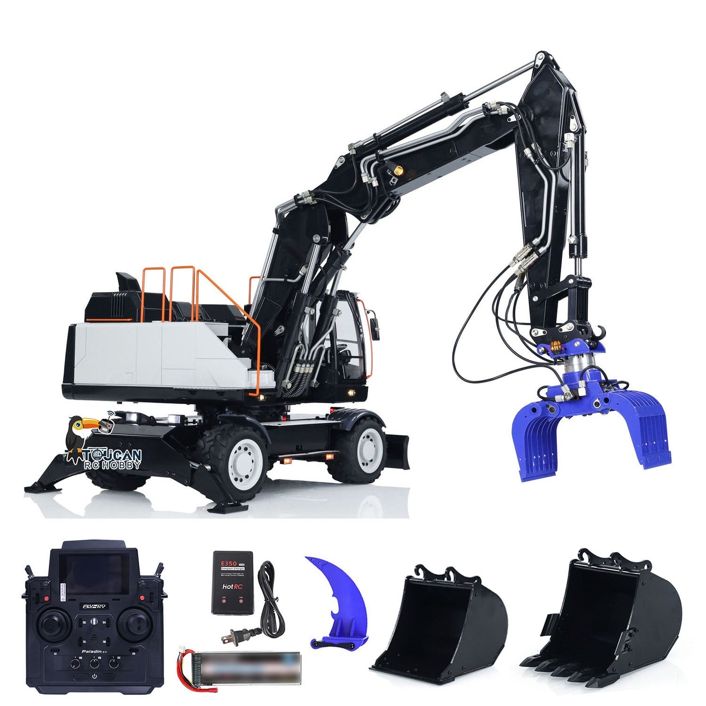 EC380 1/14 RC Hydraulic Excavator Wheeled Construction Vehicle 3-arm Remote Control Diggers Model Grab Tiltable Clamshell Bucket