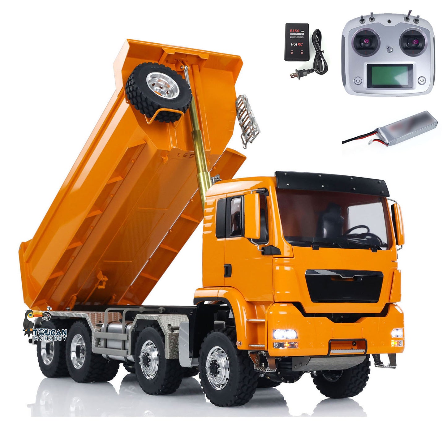 LESU 1/14 8x8 Metal Hydraulic RC Dump Truck Tipper 2 Speed Transmission Axles With Differential Lock FlySky I6S Remote Controller Sound Light System