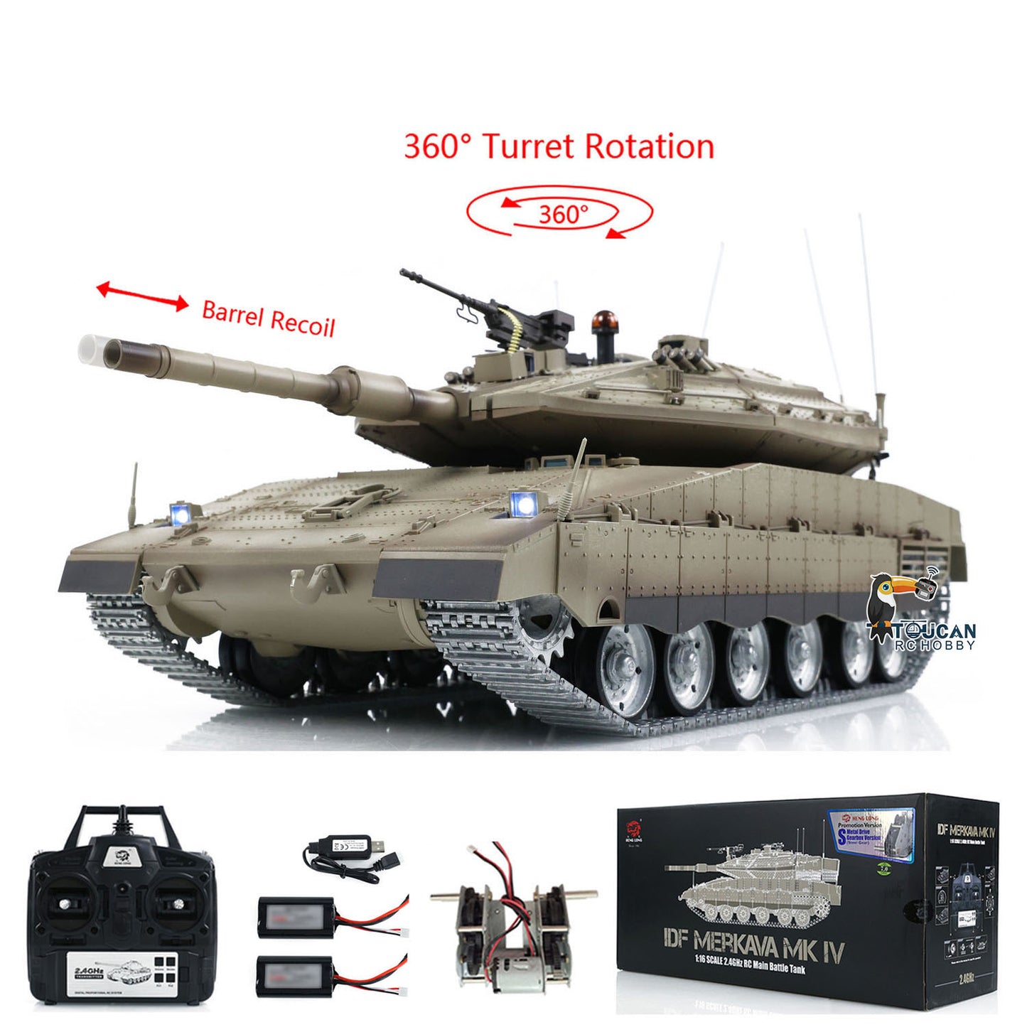 Henglong 1/16 RC Tank IDF Merkava MK IV 3958 Remote Control Battle Tank Metal Wheels Tracks Gearbox 360??Turret Smoke 2 Battery
