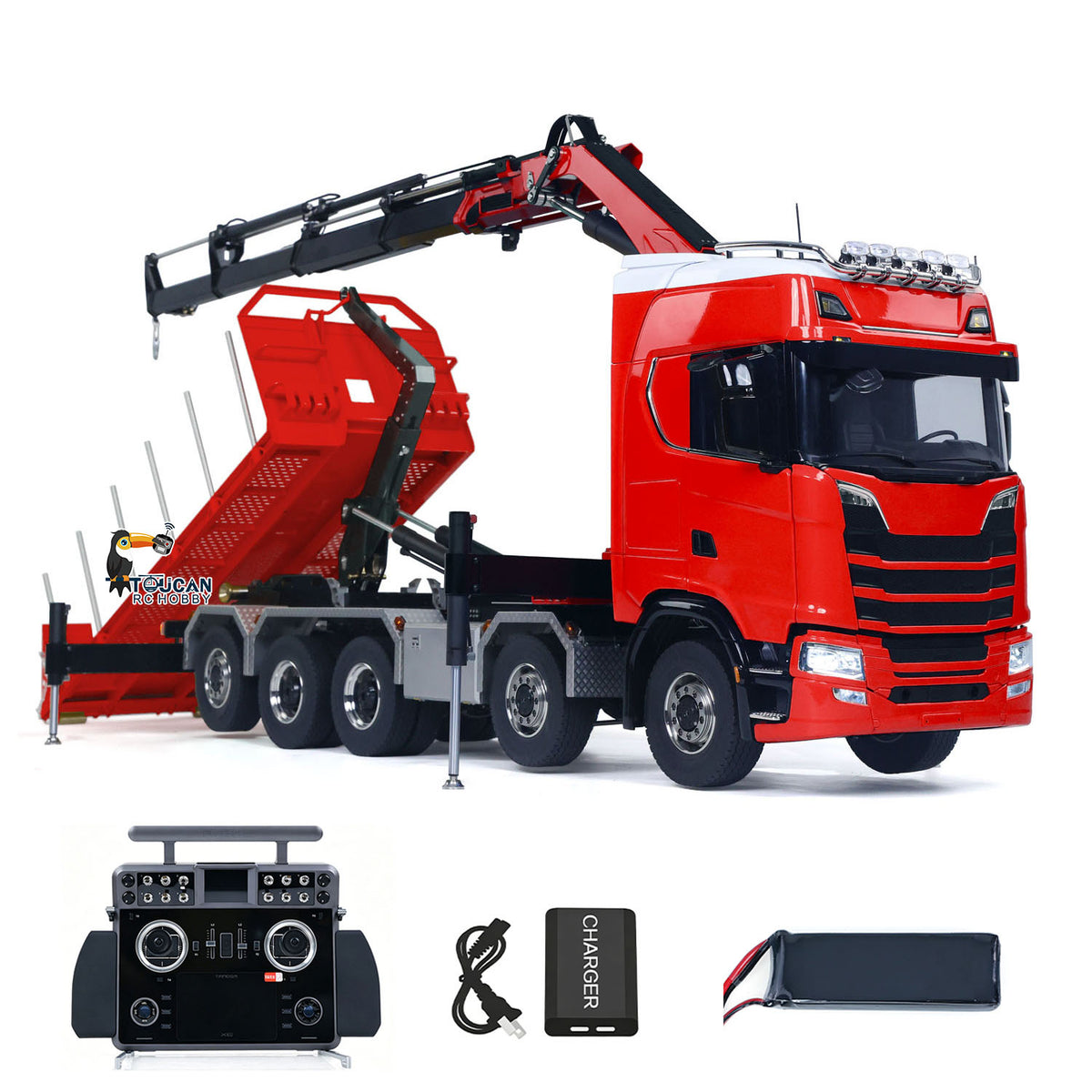 TOUCAN RC HOBBY LXY 10x10 Metall 1/14 RC Hydraulischer Tieflader Holztransporter 770S Automodell 5-Achsen ferngesteuerter Kran-Kipper