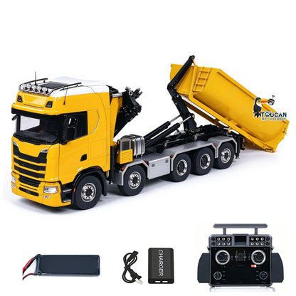 TOUCAN RC HOBBY LXY 770S 1/14 Metal Roll On Off RC Dumper Truck with Crane RTR 10*10 Hydraulic Tipper Vehicle U Shaped Bucket 9CH Valve 3 Speed Gearbox Light Sound Rear Axle Lifting&Steering for RC Construction Model Collectors
