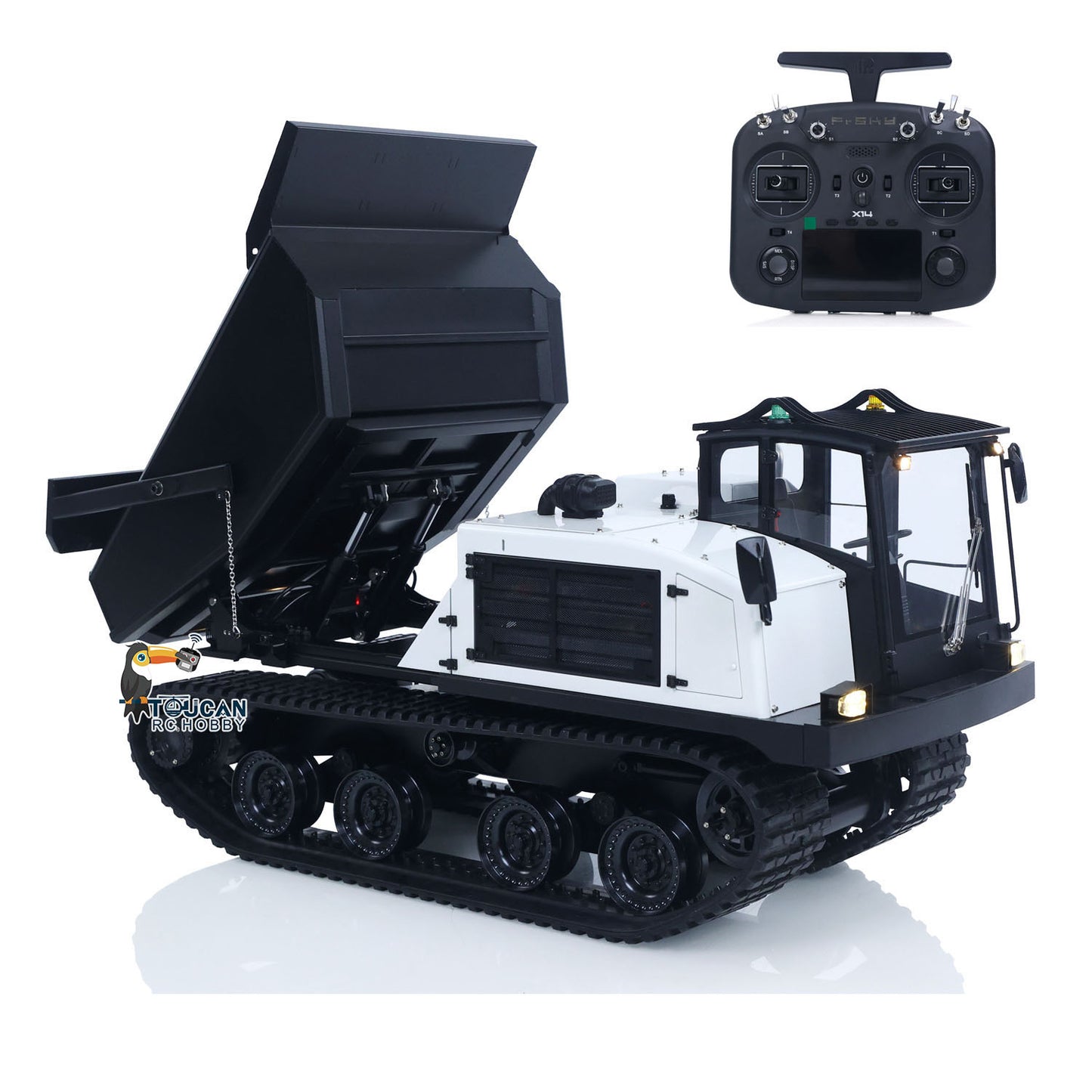 Upgraded Super Frog T14R Panther 1/14 Remote Control Hydraulic Crawler Dumper RC Metal Tracked Tipper Truck Frsky X14 Radio