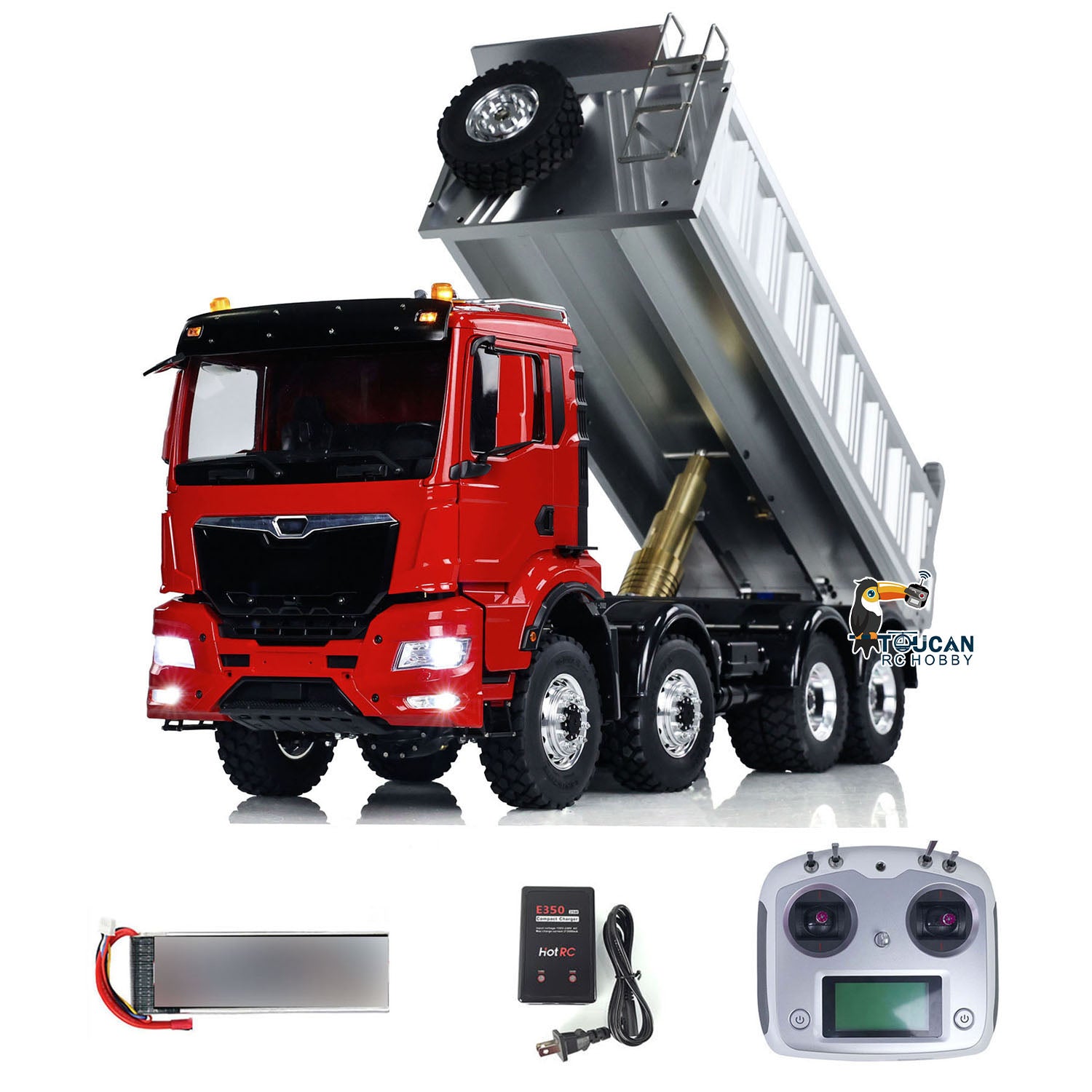 RC 8x8 all wheel drive tipper truck LESU metal red cab factory silver dump bed with light sound I6s transmitter complete set
