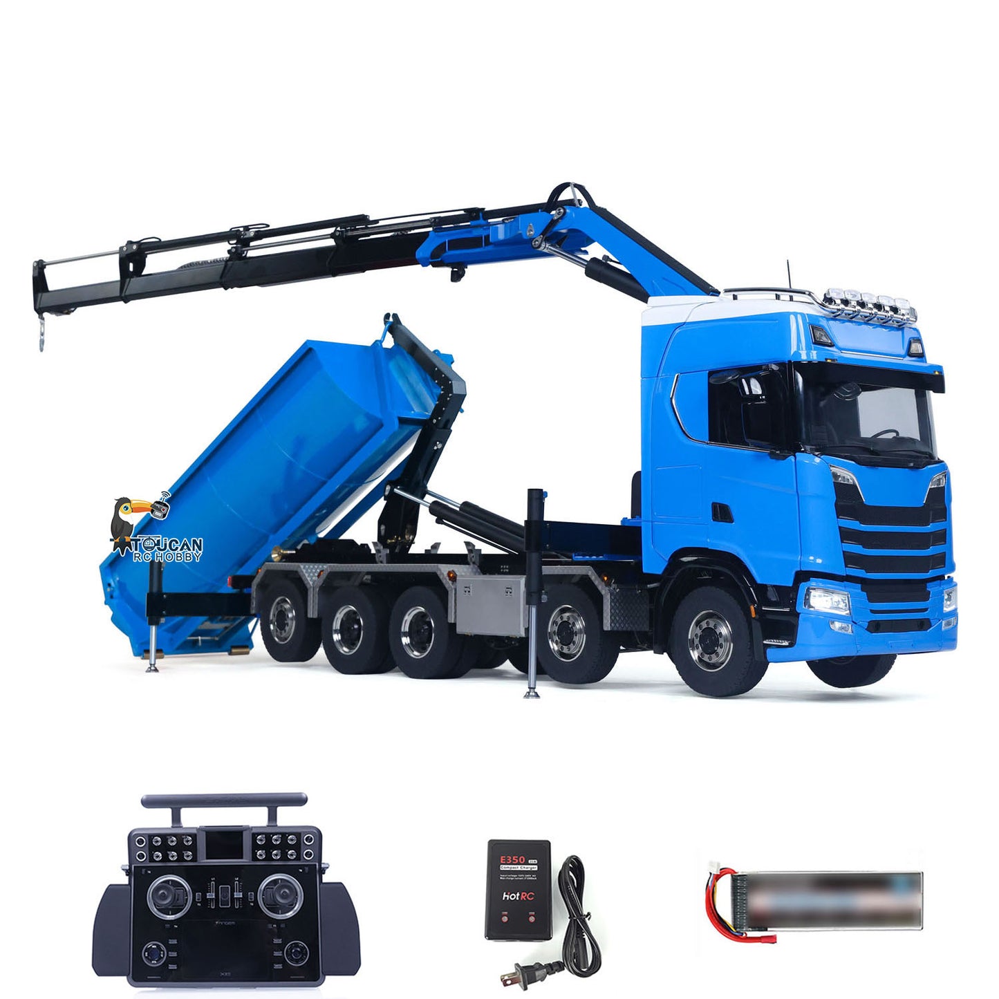 1/14 10x10 Remote Control Hydraulic Crane Dump Truck Metal Chassis Rail RC Full Tipper 770S Differential Lock Rear Steering Axle