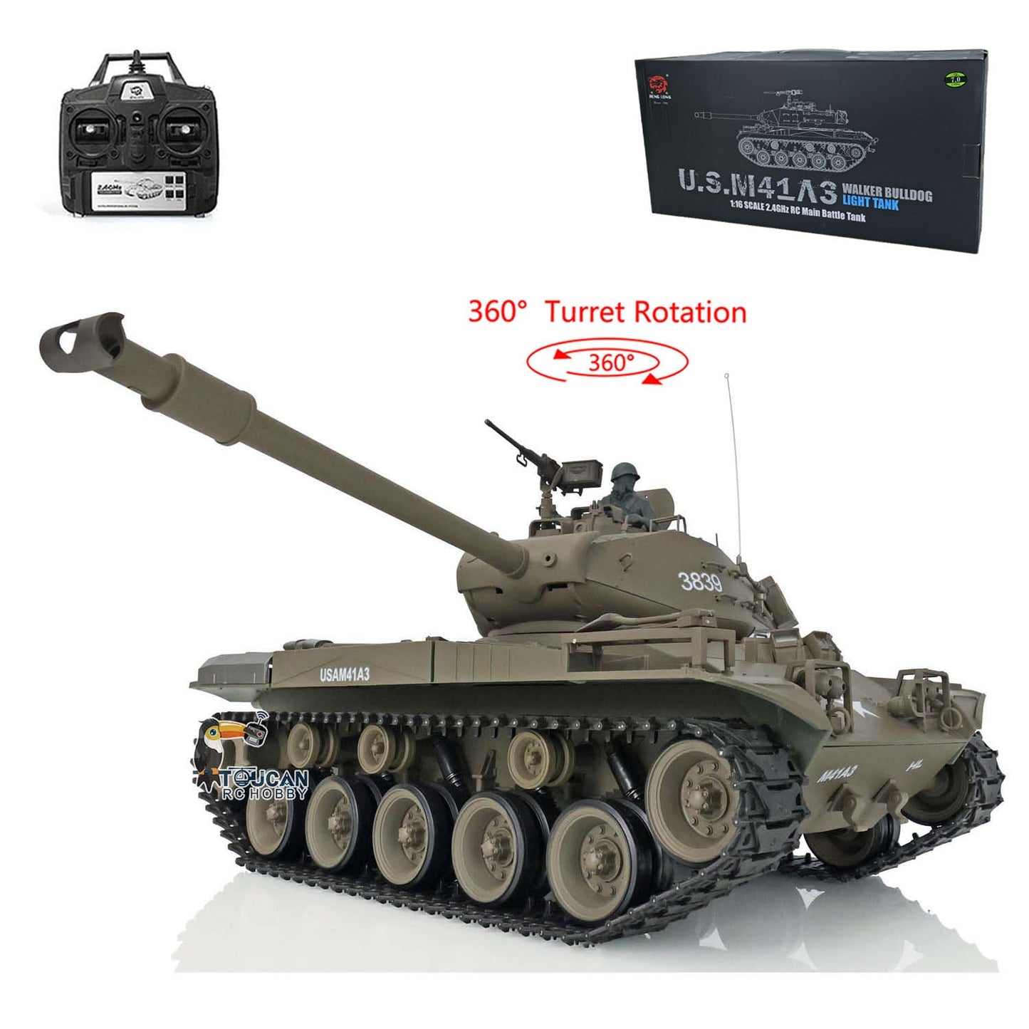 TOUCAN RC HOBBY Henglong 1/16 TK7.0 Plastic 3838 USA M26 Pershing 3839 Walker Bulldog M41A3 RTR RC Tank Armored Vehicle Model IR BB 360 Degrees Turret Smoke