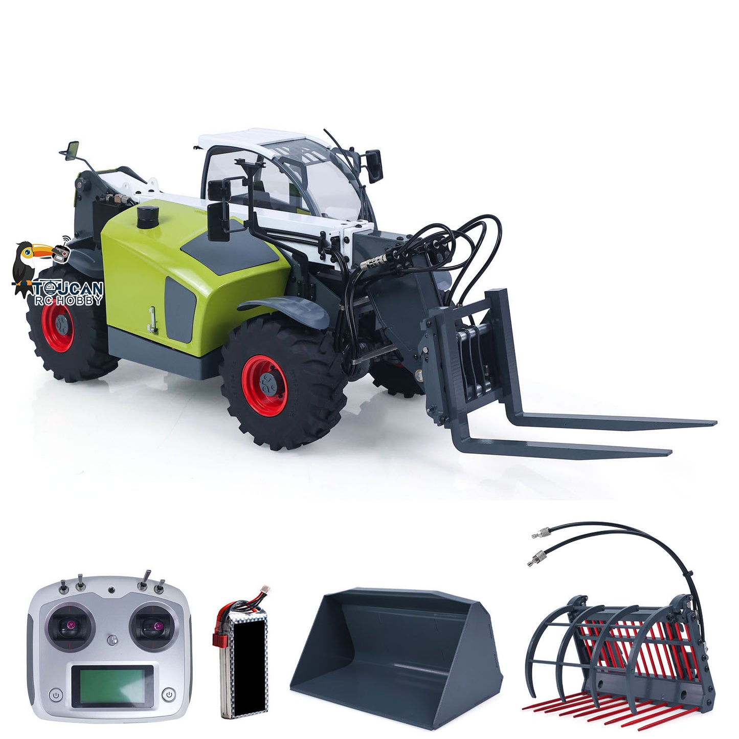 US Stock JDM-128 1/14 Metal Remote Control Hydraulic Telescopic Forklift Painted Model Axle Locks Quick Coupler No Light Sound System