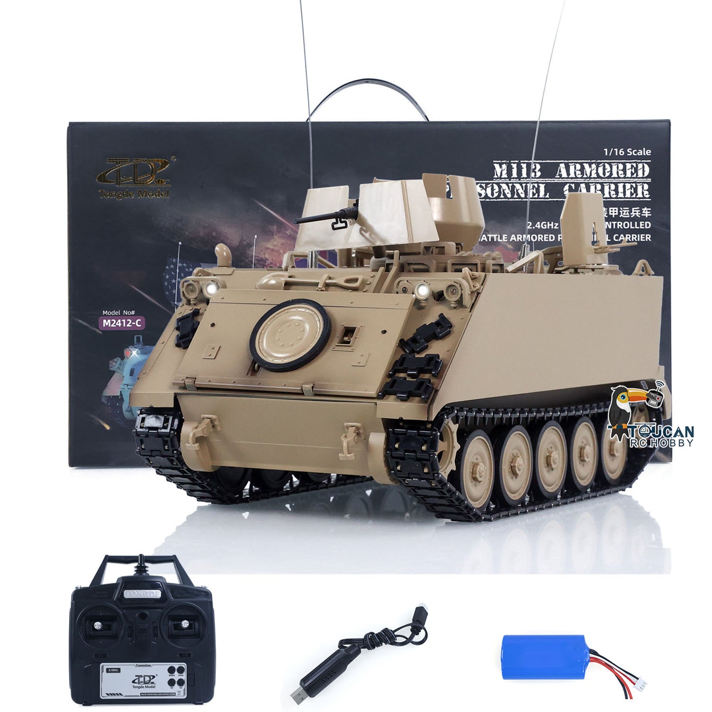 Fast Free Shipping 1/16 Tongde RC Tank M2412-B M113A1 ACAV Infrared 360 Turret Rotation Smoking Light Sound Remote Control Electric Model RTR