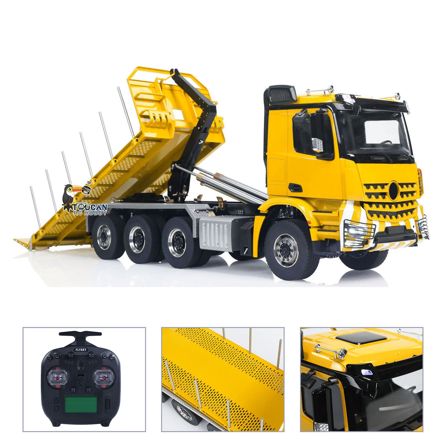1/14 8x8 RC Hydraulic Dumper Car Roll Off Full Dump Rear Axle Steering with U-shaped High Short Standard Bucket Timber Flatbed
