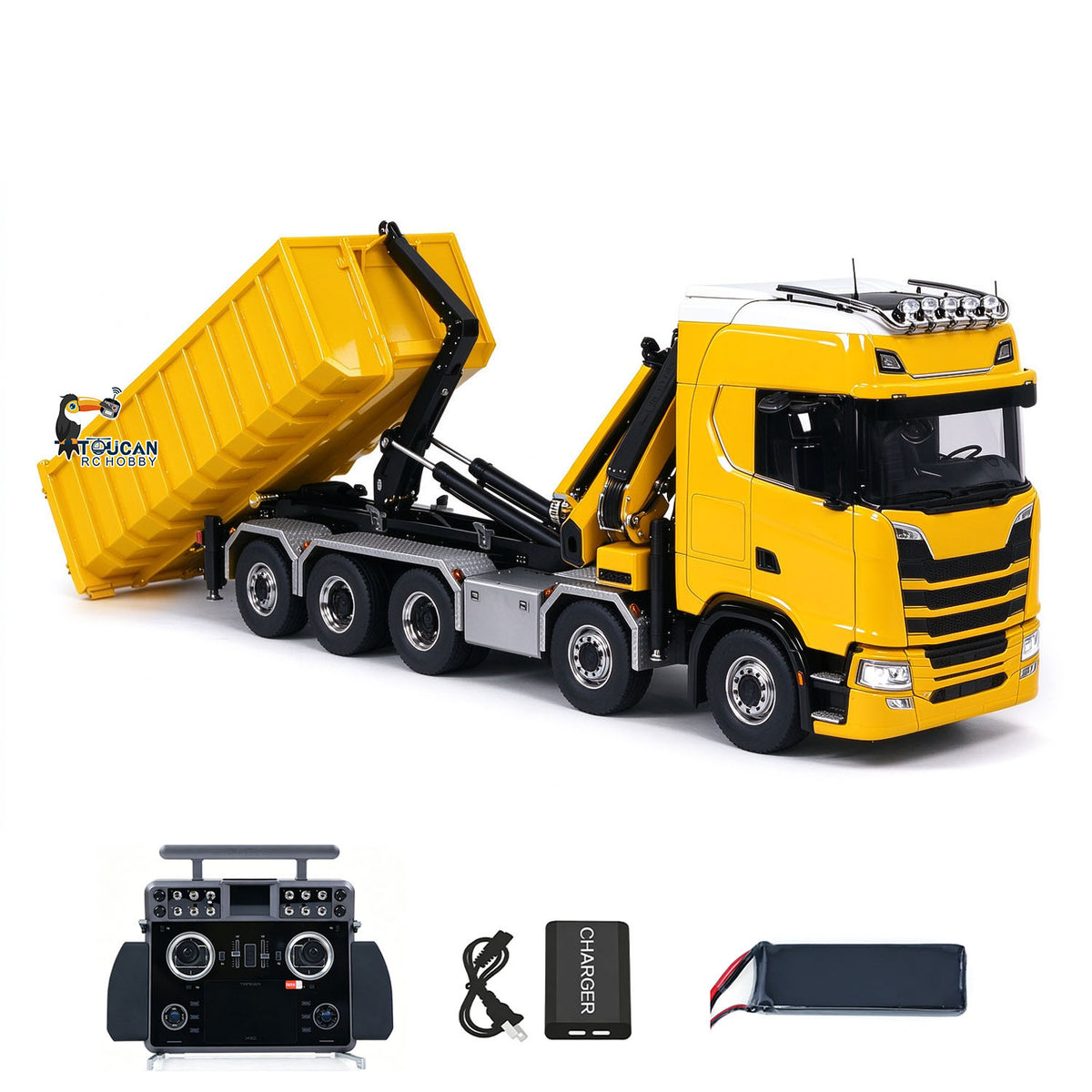 TOUCAN RC HOBBY LXY 770S 1:14 5 Axles 10x10 Metal Chassis RC Hydraulic Dump Truck Remote Control Crane Full Roll Off Dumper Frsky XE Lite RC Vehicle Model