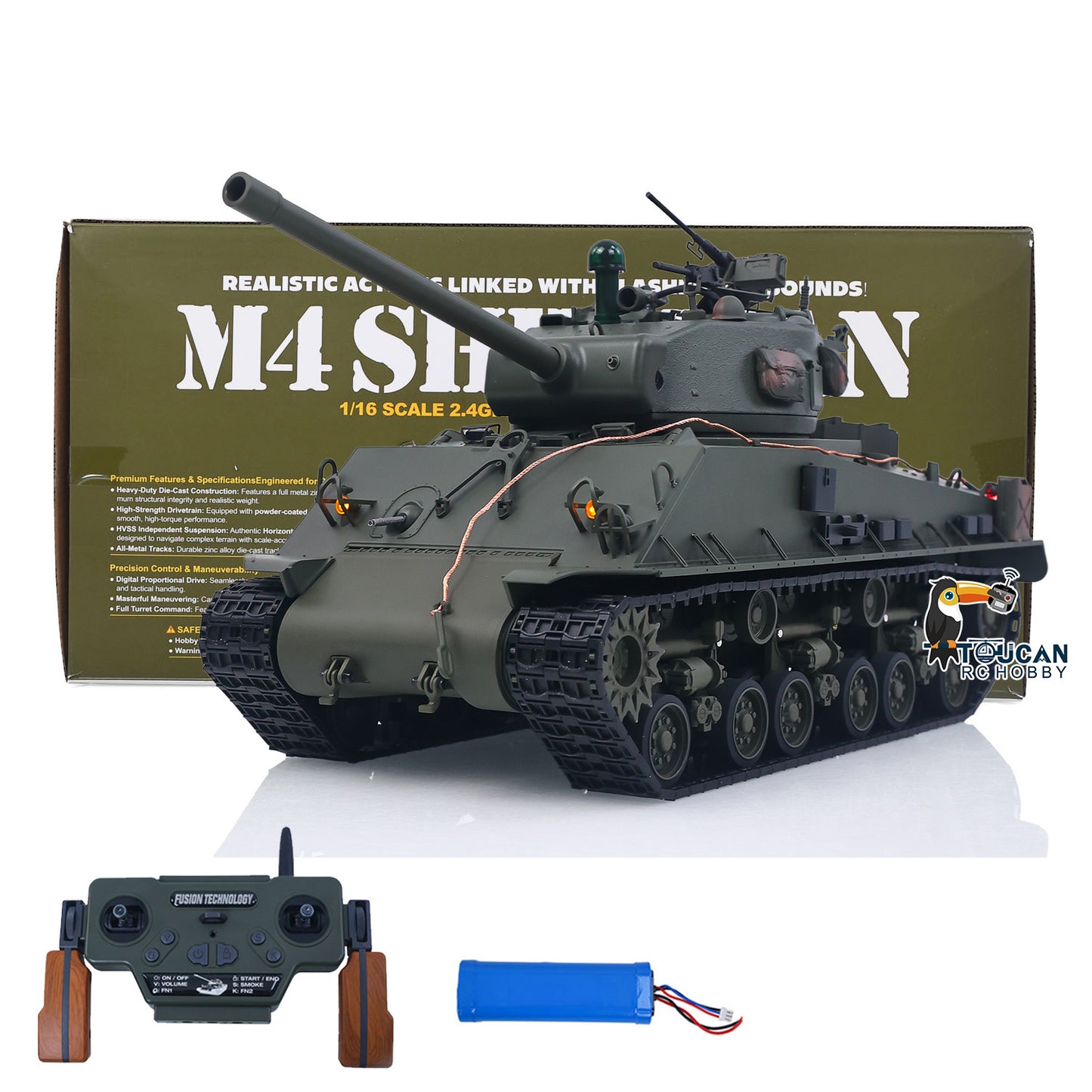 TOUCAN RC HOBBY US Stock RTR 1/16 RC Tank Sherman M4A3E8 IR BB Barrel Elevation Smoking Metal Chassis Tracks Road Wheels Machine Gun 360 Degree Rotation