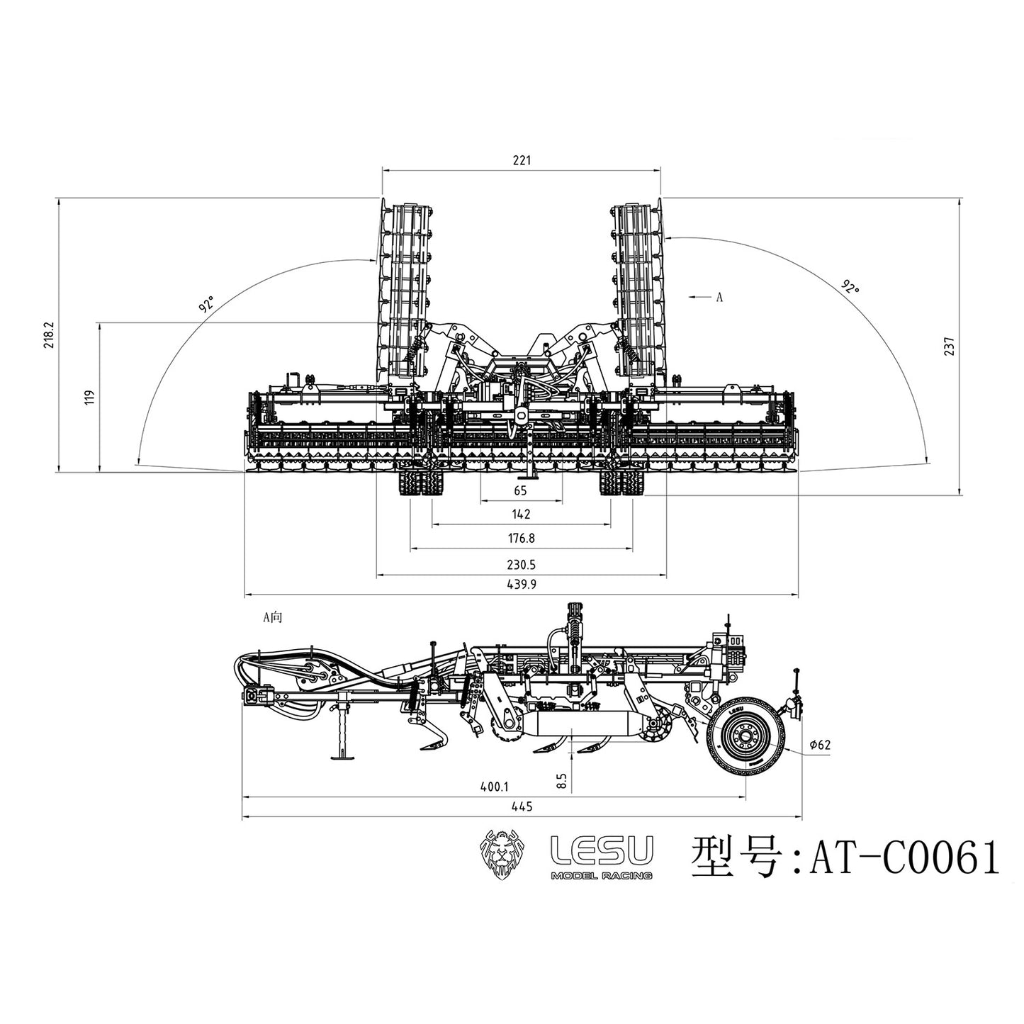LESU AOUE 1050 Metal 4x4 1/14 RC Tractor Truck Hydraulic Agricultural Vehicles K500 Seedbed Pre-sowing Soil Preparation Machine Frsky XE Lite