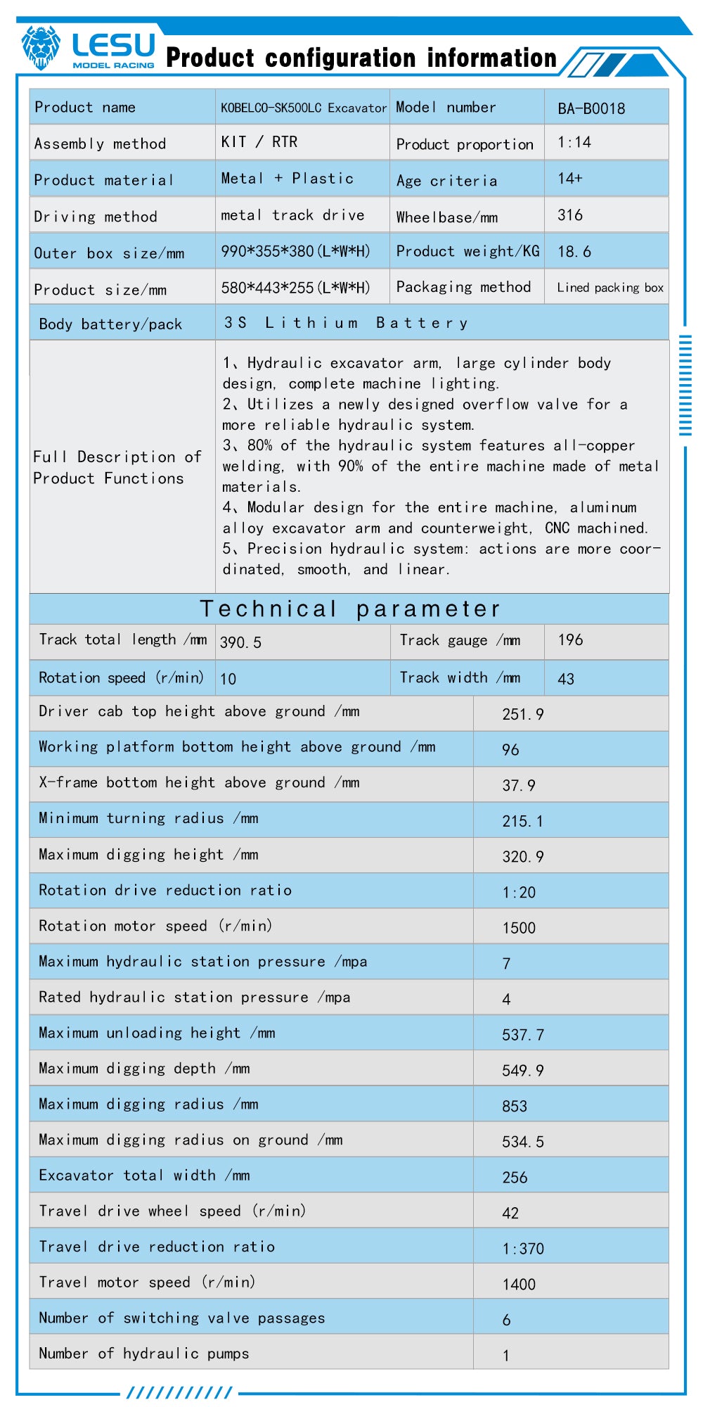 SK500LC LESU 1/14 Metal RC Hydraulic Excavator Radio Control Digger Model KIT 6CH Valve CNC Body Construction Vehicles Lights