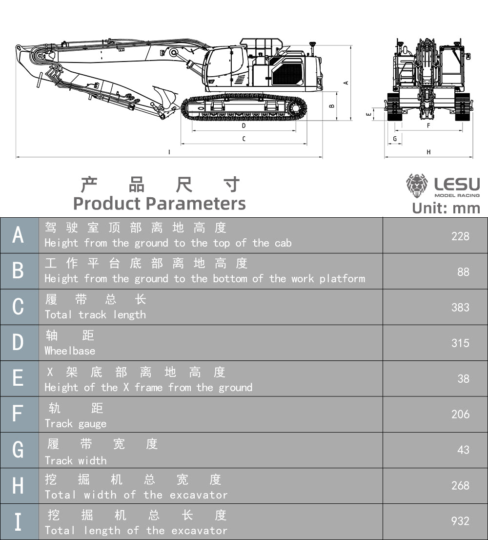 LESU AOUE LR945 KIT Unit 1/14 RC Hydraulic Long-reach Excavator CNC Extended Arm Digger Model Light 7CH Valve 4MPa Pump LCD