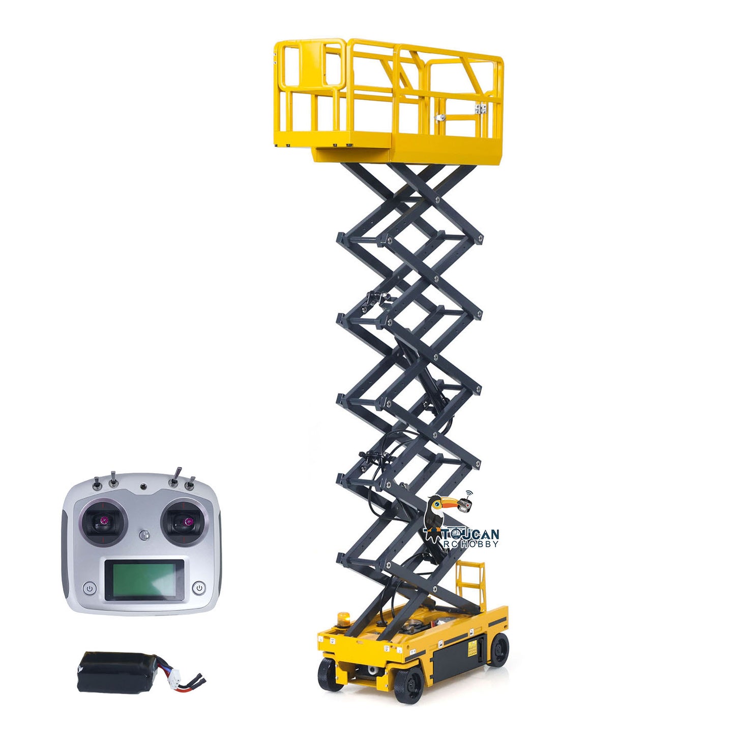 CUT 1/14 Metal RC Hydraulic Scissor Lift Aerial Work Platform Construction Truck Lifting Travel Rotating Warning Light FlySky I6S 25.6Inch
