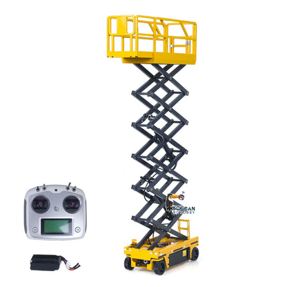 CUT 1/14 Metal RC Hydraulic Scissor Lift Aerial Work Platform Construction Truck Lifting Travel Rotating Warning Light FlySky I6S 25.6Inch