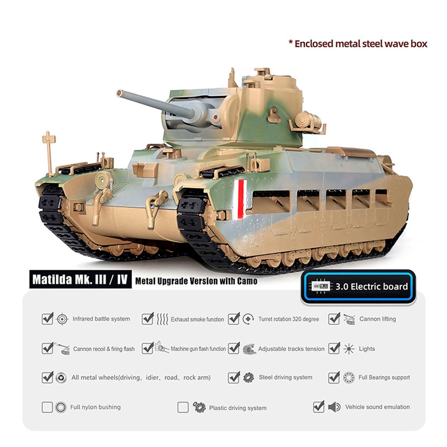 Pre-order 1/16 RC Tank Matilda III IV Tongde IR Turret Rotary 320 Degree Electric Remote Control Military Vehicle Metal Gearbox Road Wheel