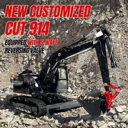 Three section metal boom RC digger five way hydraulic valve manual quick disassemble cab all simulation functional lights
