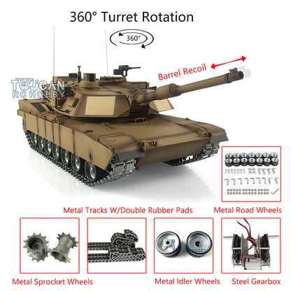 TOUCAN RC HOBBY Henglong 1/16 TK7.0 USA Abrams M1A2 RTR RC Tank 3918 with 360 Degrees Turret Barrel Recoil BB IR Metal Double Rubber Pads Tracks Sprockets Idlers Road Wheels