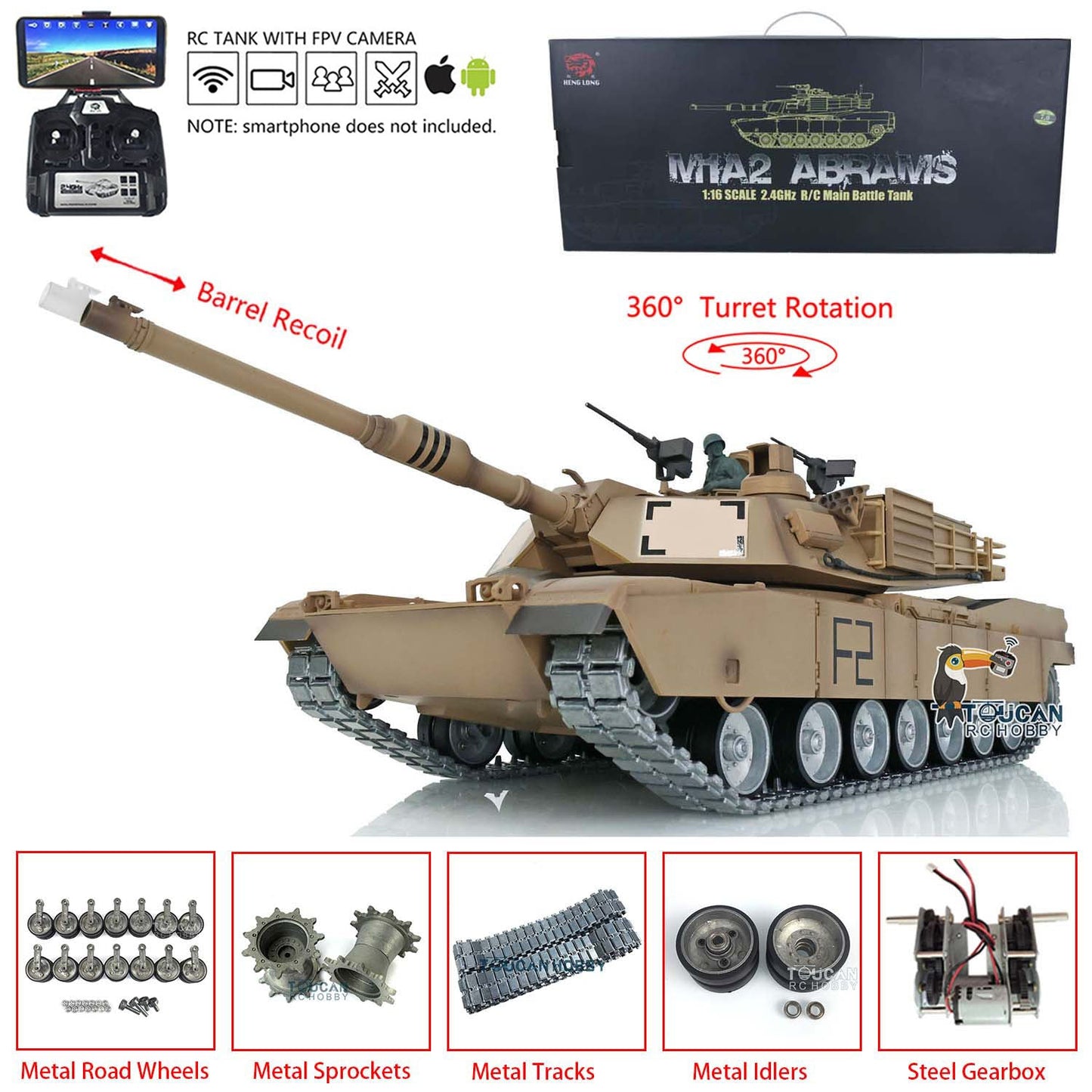 TOUCAN RC HOBBY Henglong 1/16 TK7.0 Profession USA Abrams M1A2 RTR RC Tank 3918 FPV 360 Degrees Turret Barrel Recoil BB IR Metal Tracks Gearbox Sprockets Idlers Road Wheels
