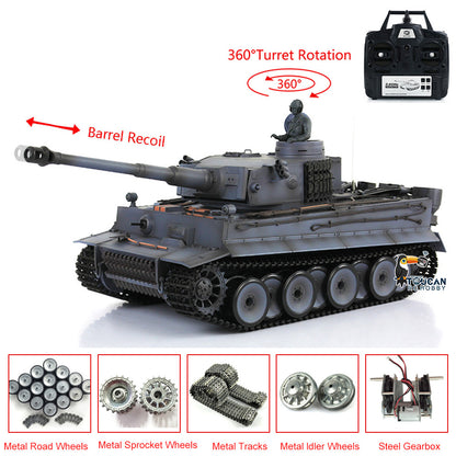 Simulation RC tank model Tiger I with rotatable 360 degree turret barrel recoil IR BB shooting and smoke effect metal track wheel assembly
