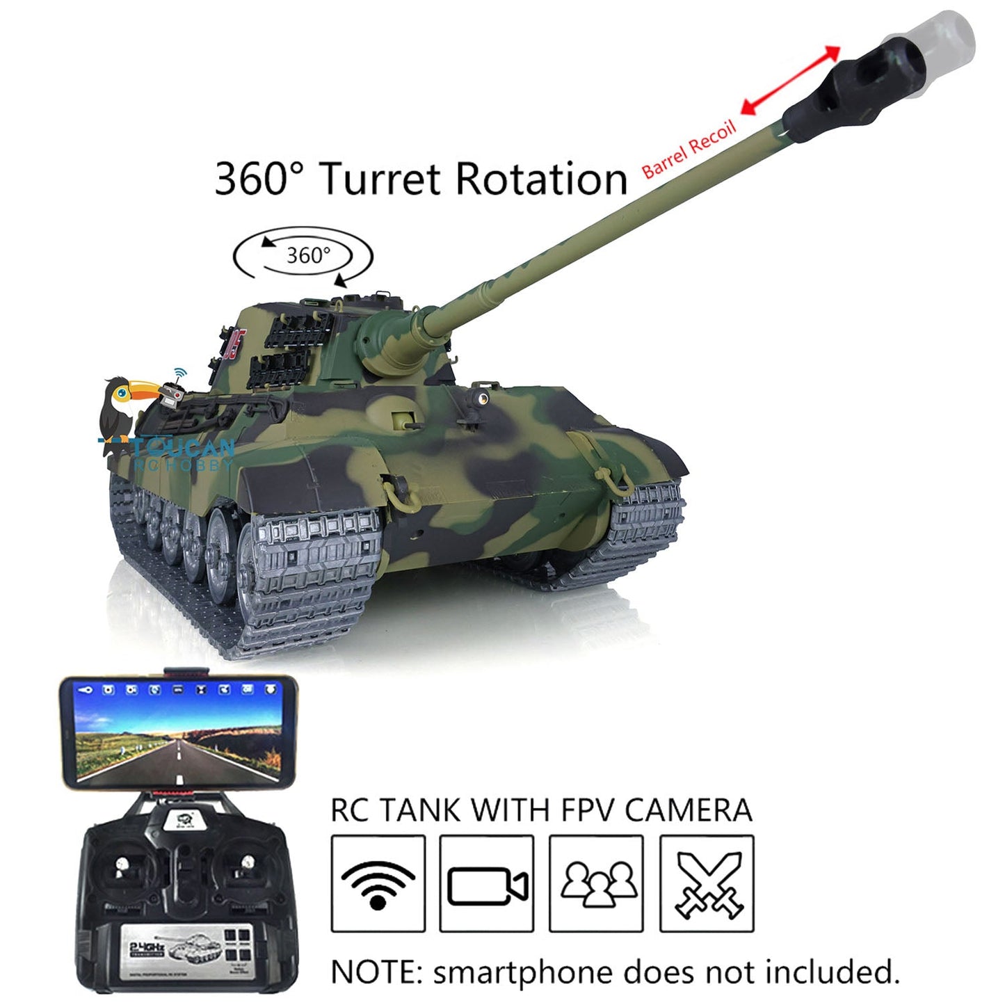 Henglong 1/16 7.0 Customized 3888A King Tiger RTR RC Tank with FPV 360 Degree Turret
