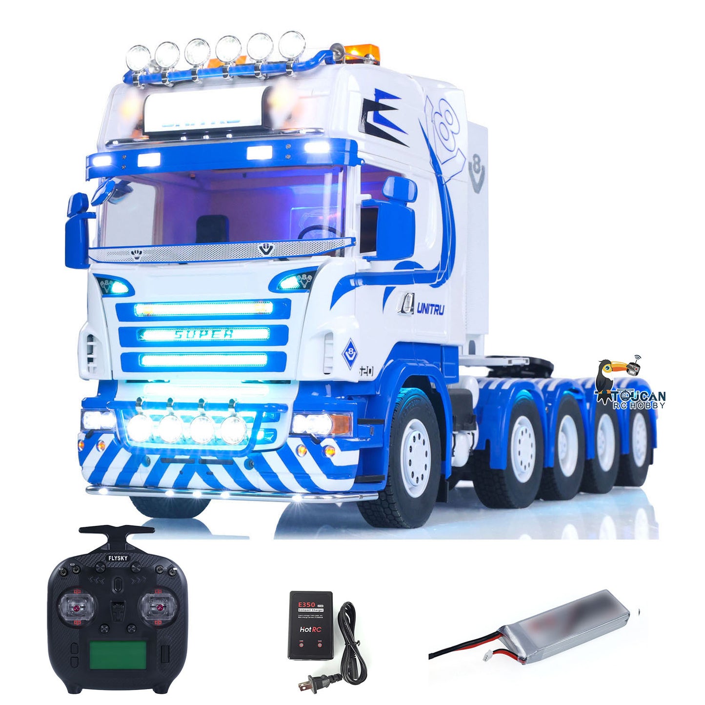 Complete painted RC high roof tractor truck, finished and ready for remote control operation
