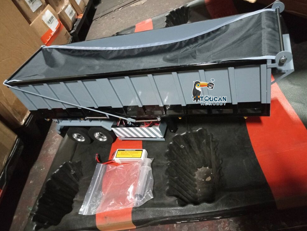 Free Shipping Second Hand US Stock 1/14 Metal 2-axle Hydraulic Dump Trailer Electric Tarpaulin for RC Tractor Truck