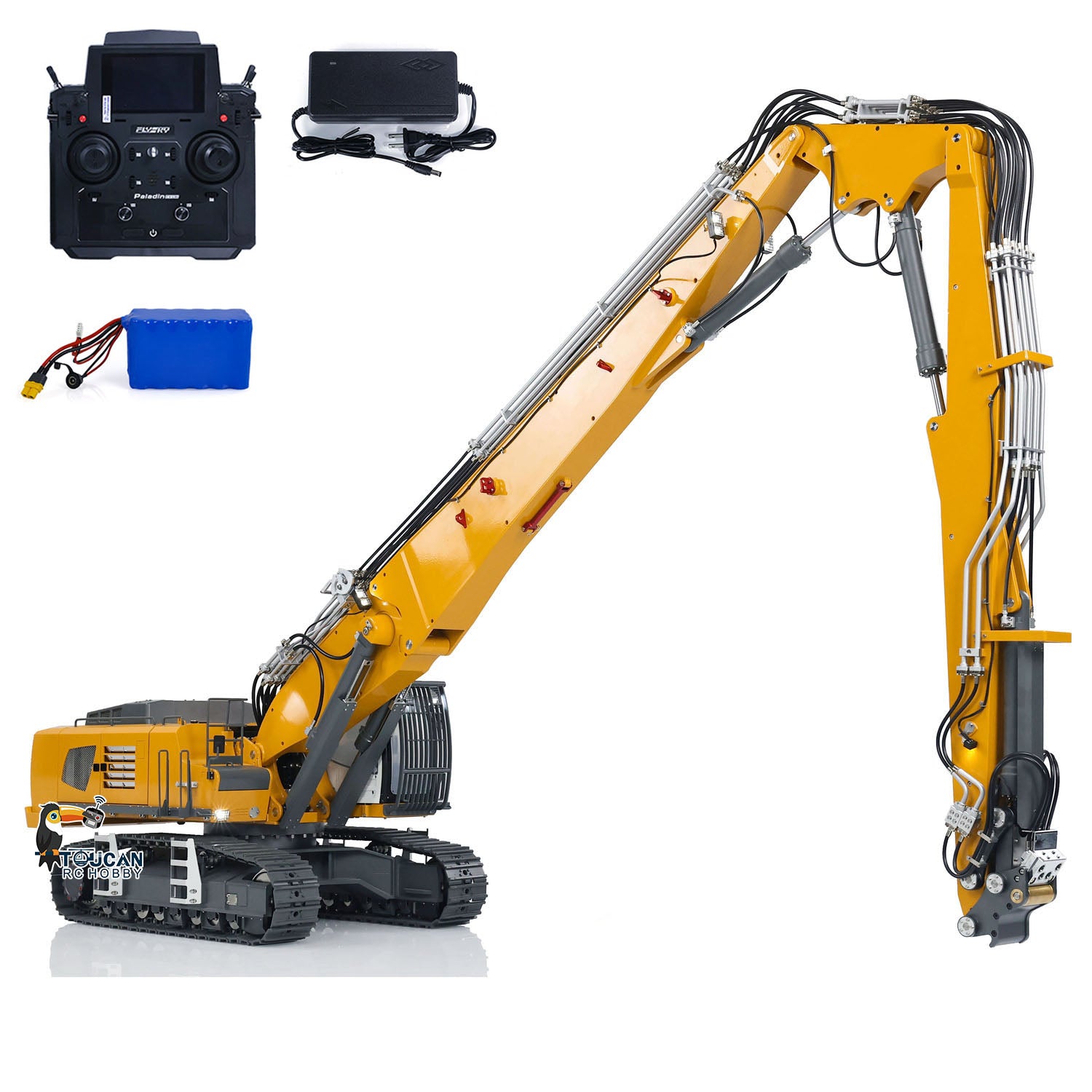 Painted assembled K970-300 RC excavator with motor, servo and ESC parts
