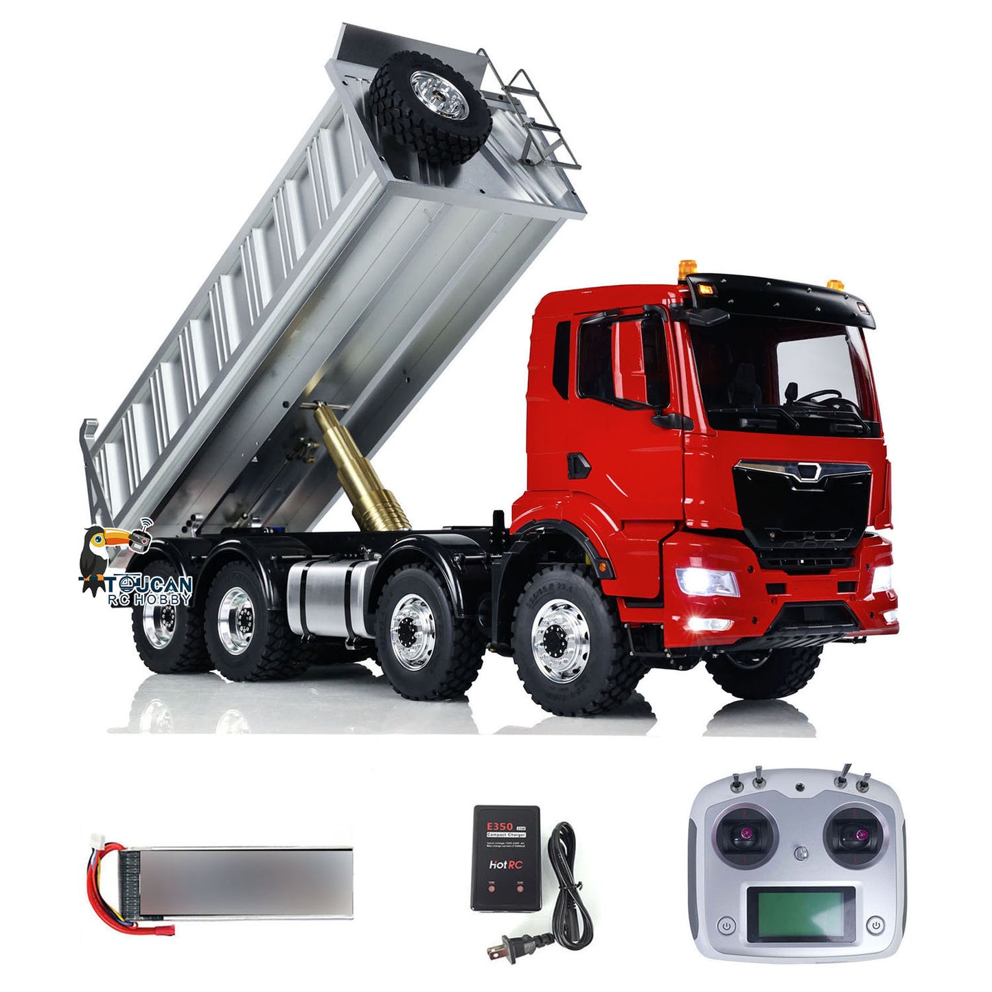 LESU 8x8 full drive hydraulic dump truck metal red toucan painted cab silver tipper bed light sound system I6s remote control driver figure battery charger
