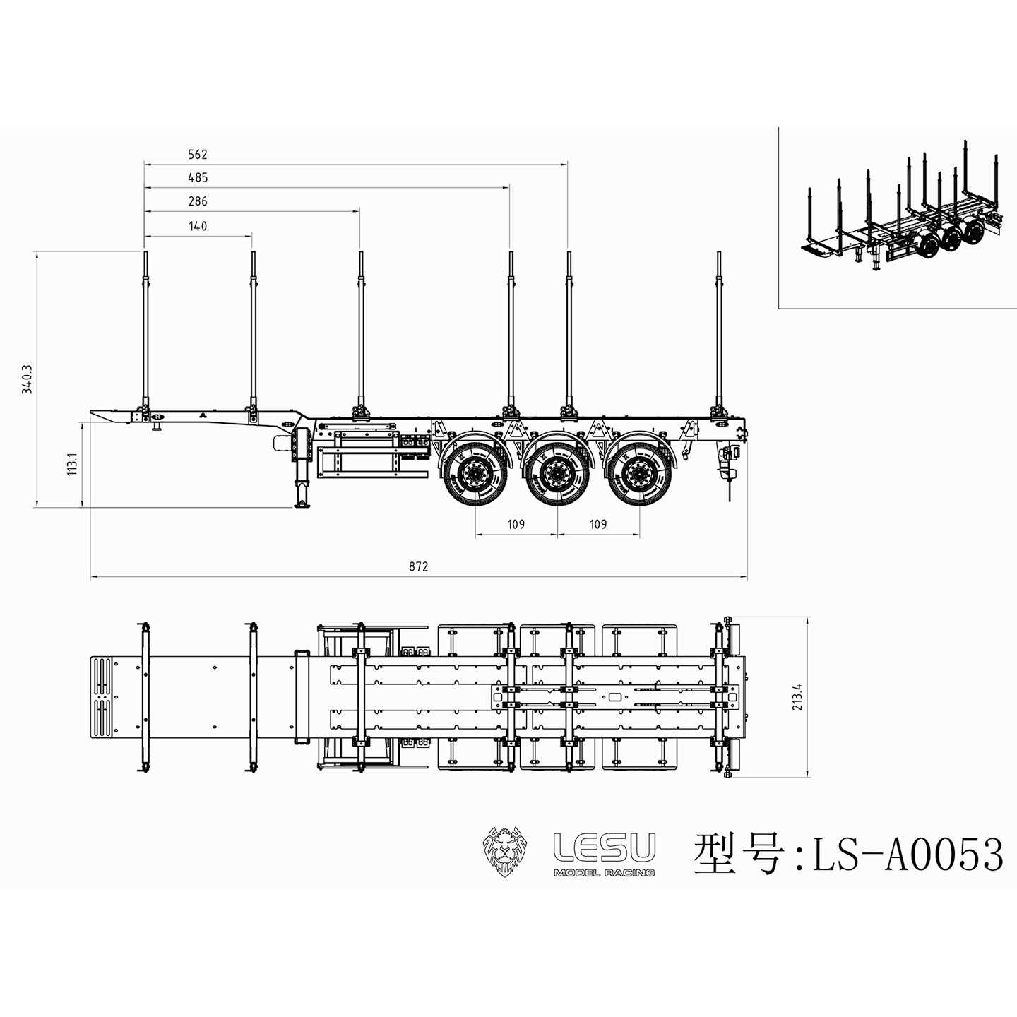 LESU 1/14 Metal RC Log Semi Trailer KIT Wood Transport Vehicle Light Electric Drum Brake Lifting Leg for TAMIYA Tractor Dumper