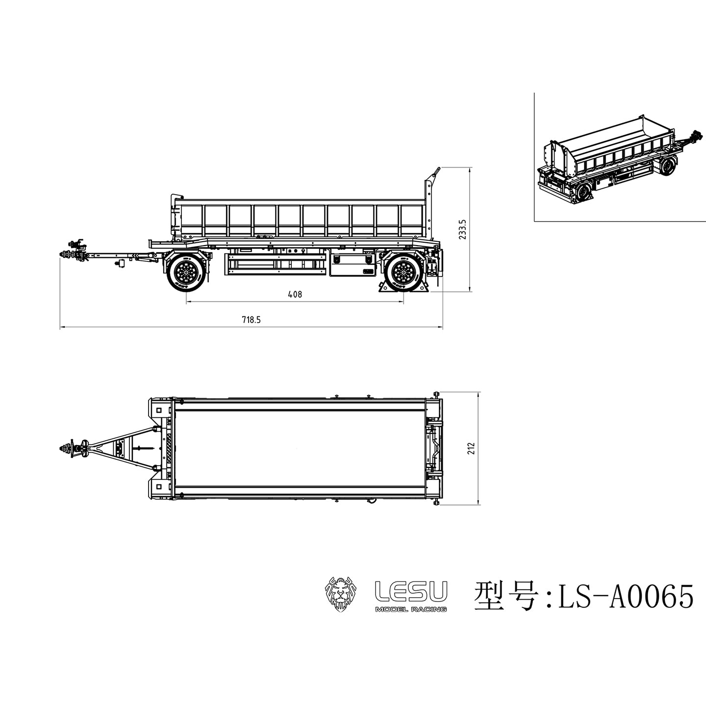 Finished 1/14 Metal RC Trailer A0065 Model Front Wheel Steerable for LESU Radio Controllrf Hydraulic Roll on off Dumper Tipper
