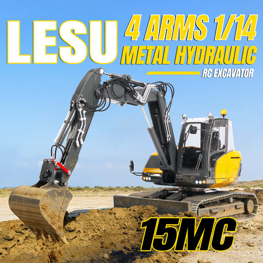 LESU 1/14 Metal RC Hydraulic Excavator MC15 4Arms Remote Control Digger 15MC 9 Valves Dual Pumps Light Sound PL18EV Lite