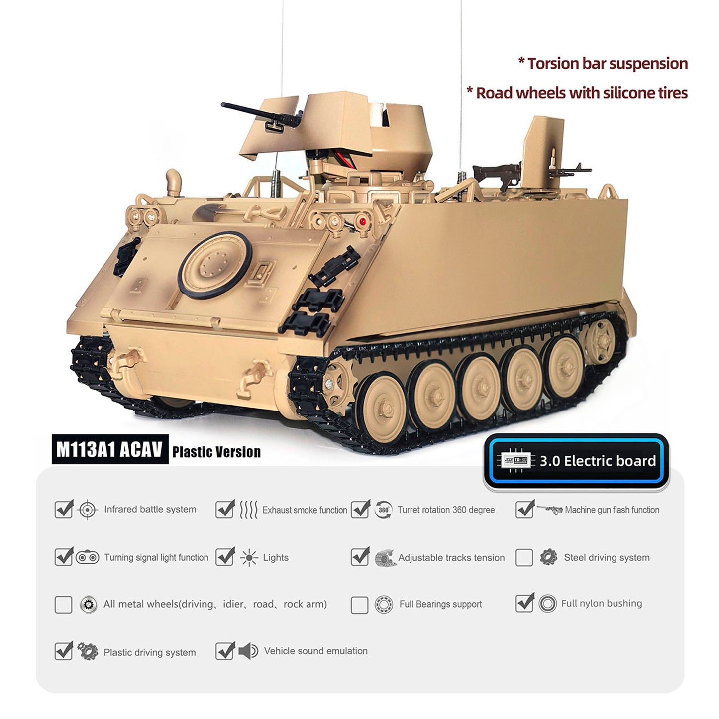 1/16 Tongde RC Tank M2412-B M113A1 ACAV Infrared 360 Turret Rotation Smoking Light Sound Remote Control Electric Model RTR