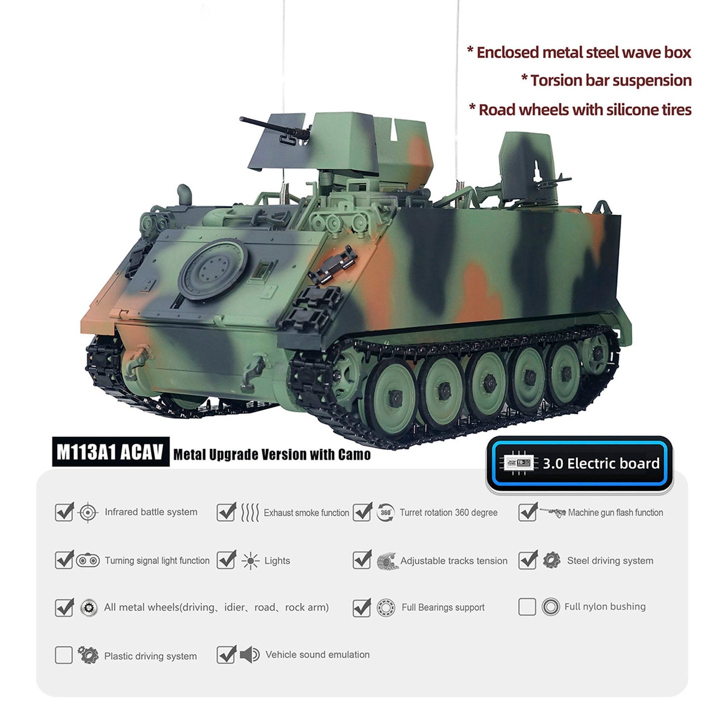 TD Metal 1/16 RC Tank M113A1 Pro Edition Remote Control Electronic Toy 360 Turret Rotation Infrared Combat System Smoke Unit Light Sound Adjustable Tracks Metal Wheels Gearboxes Battery