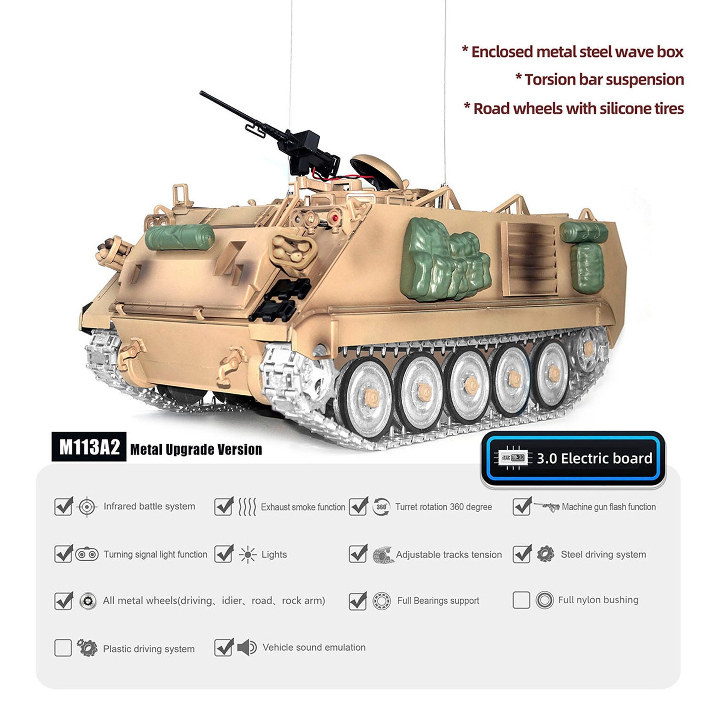 TD 1/16 RC Tank M2412-C M113A2 APC Infrared Turret Rotary 360 Degree Remote Control Electric Military Vehicle Metal Wheels