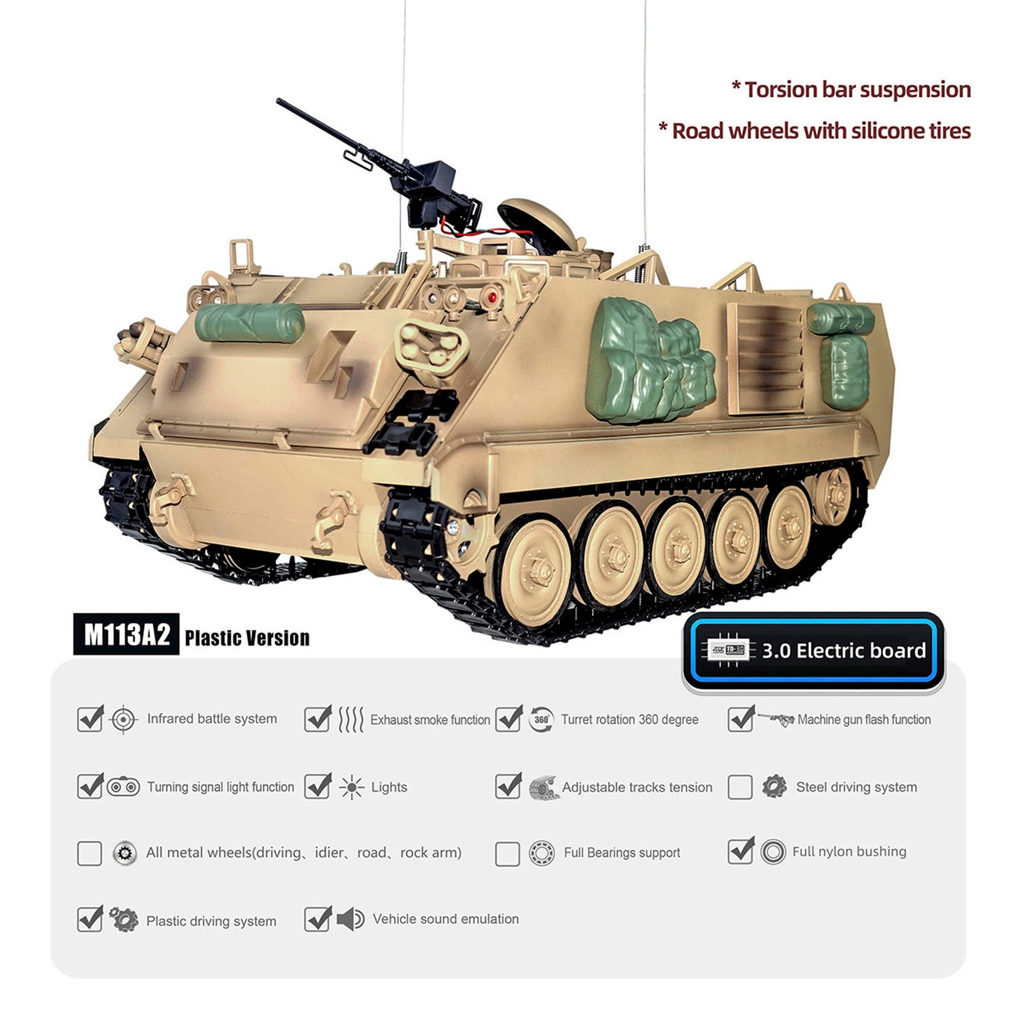 Tongde 1/16 RC Military Tank M2412-C M113A2 APC Turret Rotation 360 Degree Infrared LED Light Sound Remote Control Electric Toy