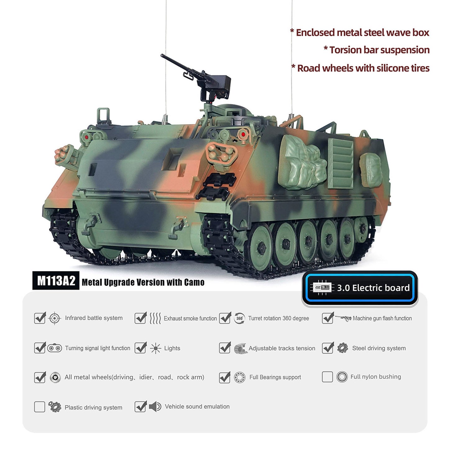 Infrared System Tongde RC Tank 1/16 M113A2 Rotating Turret Headlight Sounds Plastic Hull Metal Transmission Battery Ready to Run