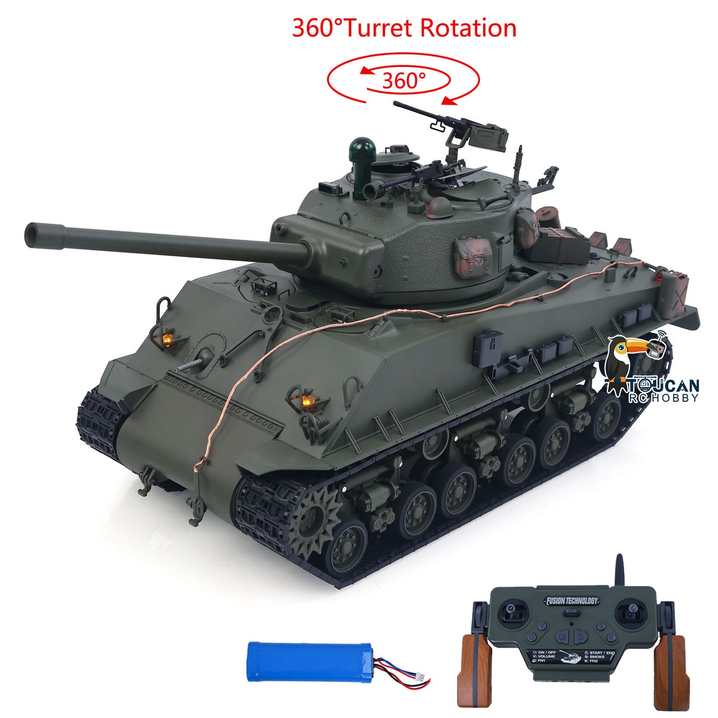 Rc M4A3 military tank with bb bullet shooting smoke output and full rotating turret
