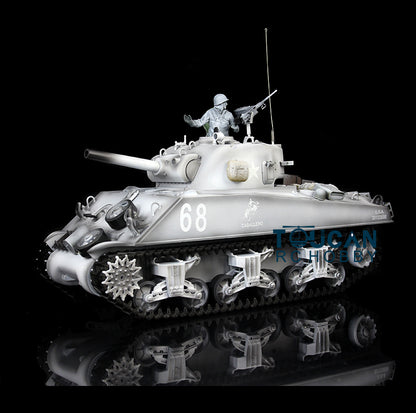 RC M4A3 Sherman military tank equipped with durable metal tracks
