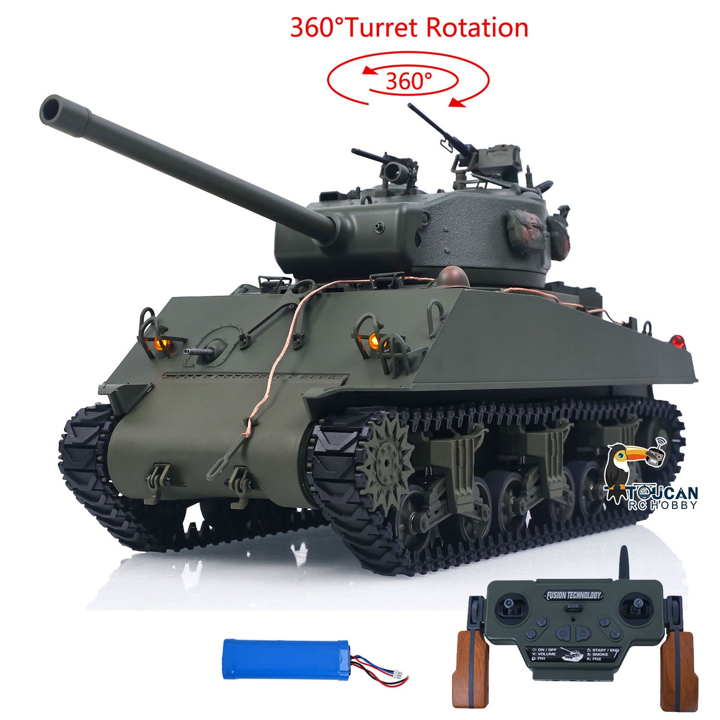 Military green semi metal M4A3 tank infrared shooting smoke effect 360 turret spin
