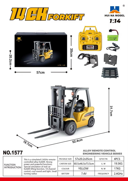 HIUNA 577 1/14 Electric Lifting Remote Control Forklift Model RC Construction Vehicle Battery Light Sound Effect Battery